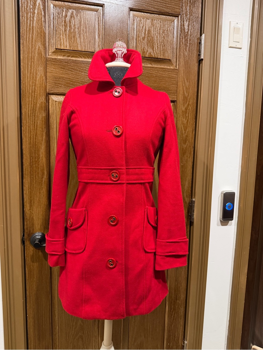 Vintage Red Wool Pea Coat with Button Front
